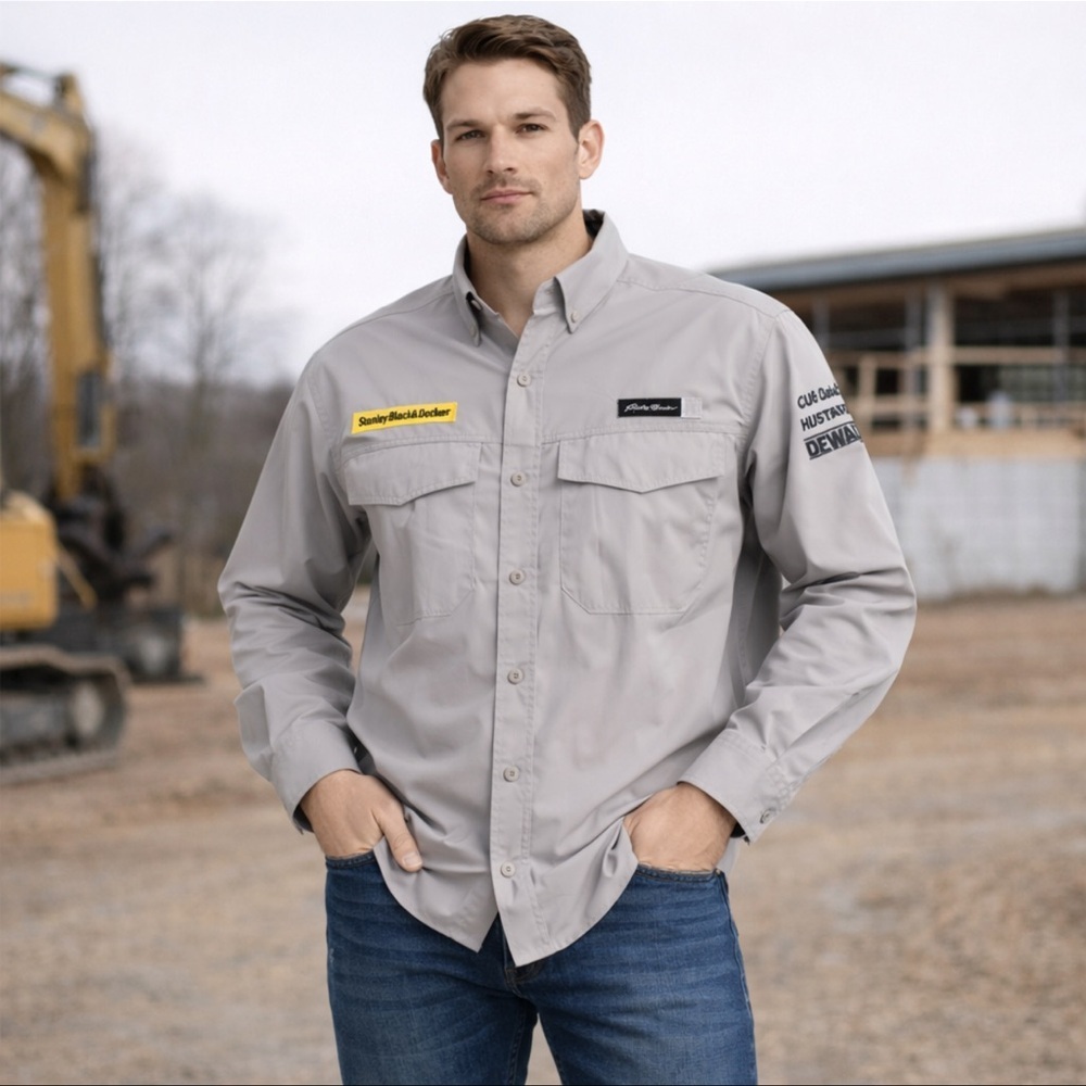 Eddie Bauer Mens Xl Performance Work Shirt Stanley Black Decker Dewalt Logo